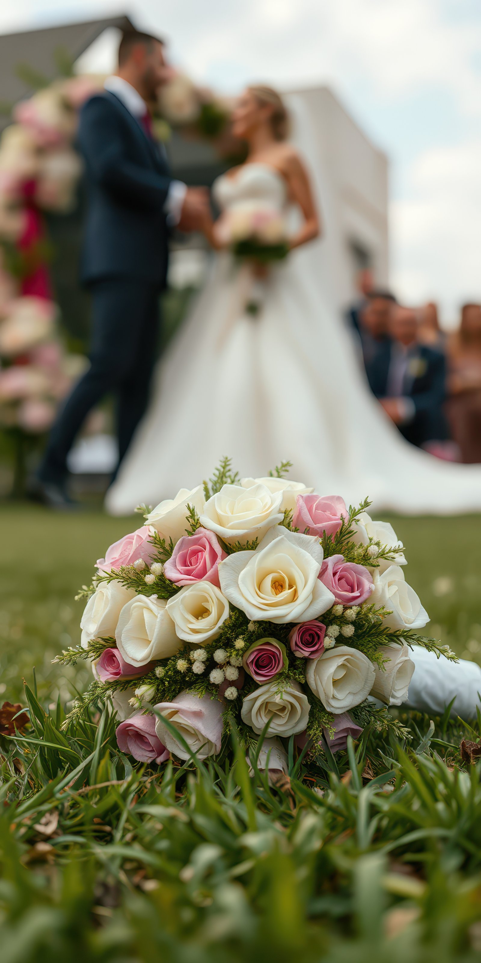 Outdoor wedding ceremony with floral arrangements and a close-up of a bridal bouquet on the grass during a sunny day